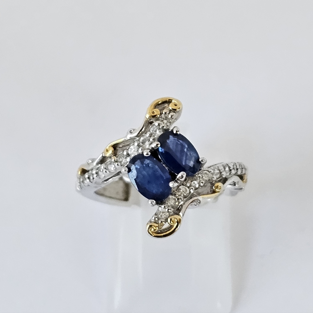 Natural 1.49ctw Royal Blue Sapphire & White Zircon Bypass Ring